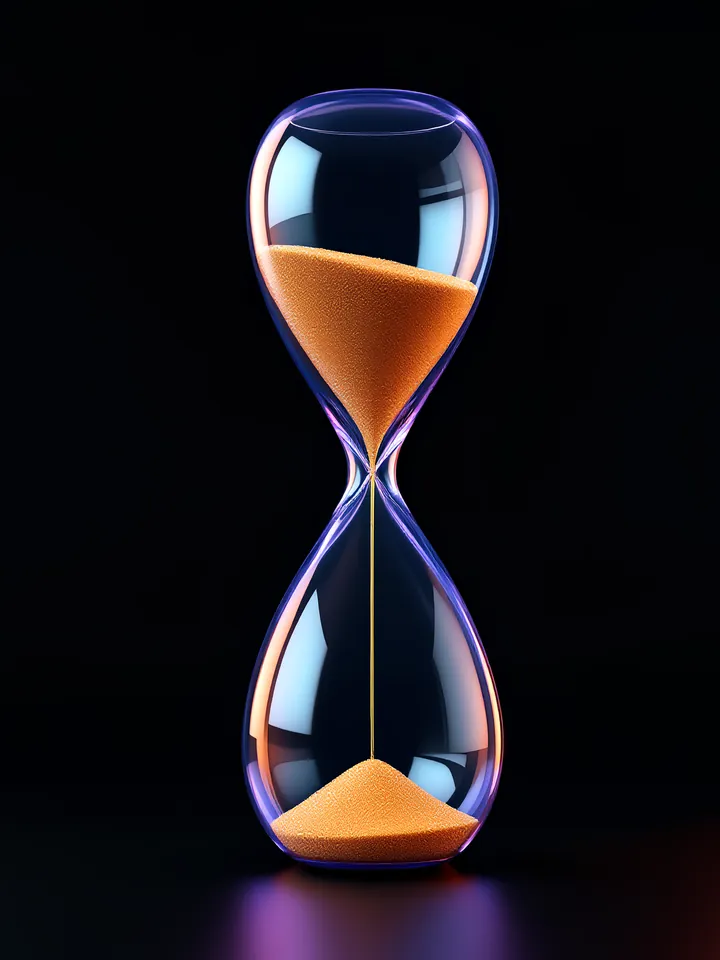 Glass hourglass with orange sand running through it on a black background, cover for a guide to pitch deck cost