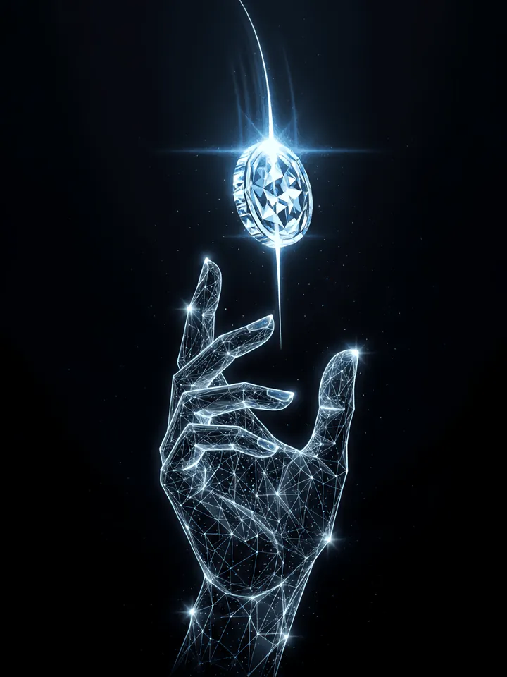 Cover image for the pre-seed funding guide: a wireframe hand of light reaching for a glowing gem