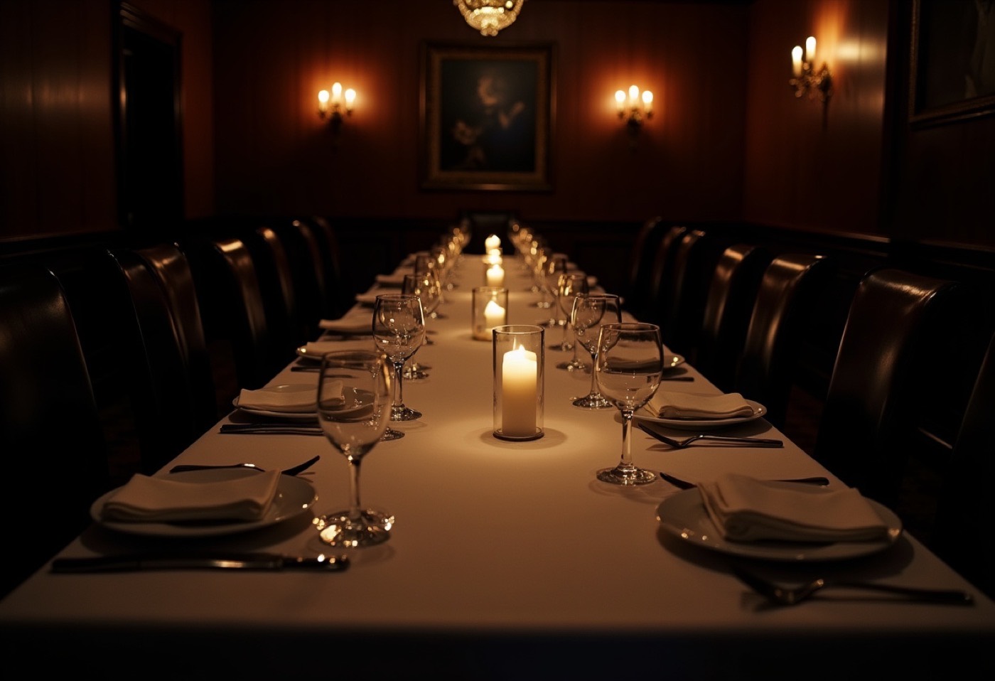A long dinner table laid for an investor meeting